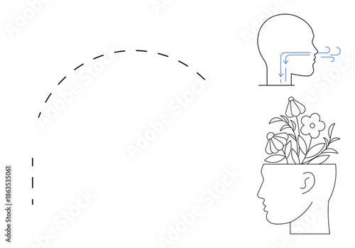 Dashed curve showing breathing flow into a head, paired with blooming flowers in an open mind. Ideal for wellness, mindfulness, mental clarity, meditation, creativity, personal growth, simple flat
