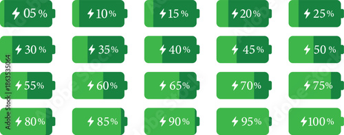 Battery Percentage Icon set. Battery charge level indicators showing different power levels isolated on transparent background. Monochrome battery charge level indicator icons.