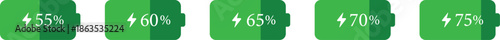 Battery Percentage Icon set. Battery charge level indicators showing different power levels isolated on transparent background. Monochrome battery charge level indicator icons.