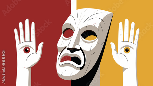 Surreal graphic art depicting a crying theatrical mask flanked by open hands with eyes, against a split red and yellow background.