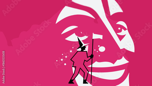 A graphic illustration featuring a stylized white face and a black silhouette of a wizard-like figure on a vibrant pink background.