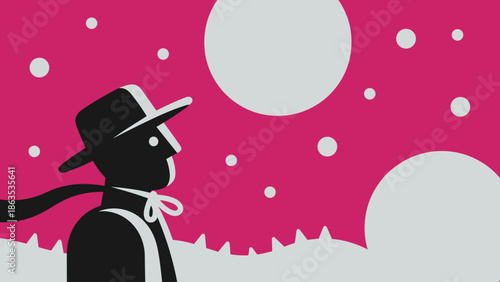 Stylized graphic illustration of a man in a hat and bow tie looking at a vibrant pink sky with white floating circles and abstract ground.