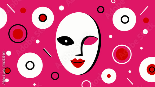 A stylized graphic illustration of a white face with red lips and one eye open, surrounded by abstract geometric shapes on a vibrant pink background.
