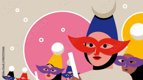 Stylized illustration of people in colorful masks and hats celebrating a carnival or parade with abstract background elements.