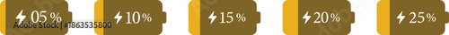 Battery Percentage Icon set. Battery charge level indicators showing different power levels isolated on transparent background. Monochrome battery charge level indicator icons.