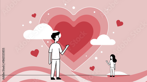 A man and a woman standing apart with a large heart in the background, symbolizing love and connection.