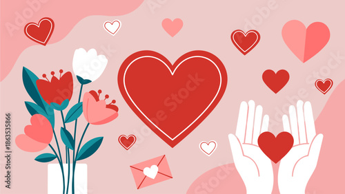 A vibrant illustration featuring a large red heart, a bouquet of flowers, hands holding a heart, and scattered smaller hearts and a love letter on a pink background.