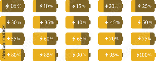 Battery Percentage Icon set. Battery charge level indicators showing different power levels isolated on transparent background. Monochrome battery charge level indicator icons.