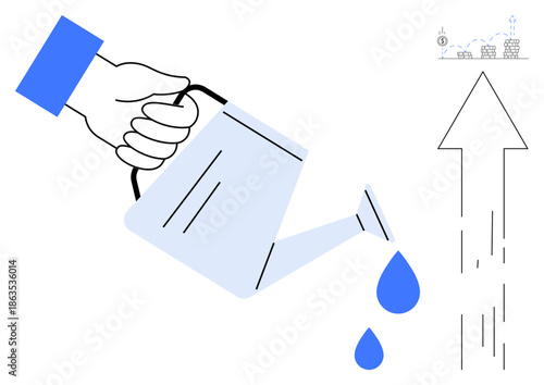 Sustainability, growth, business strategy, nurturing ideas, investment, progress. Hand pouring water with a watering can. Sustainability and growth in business strategy and nurturing ideas concept