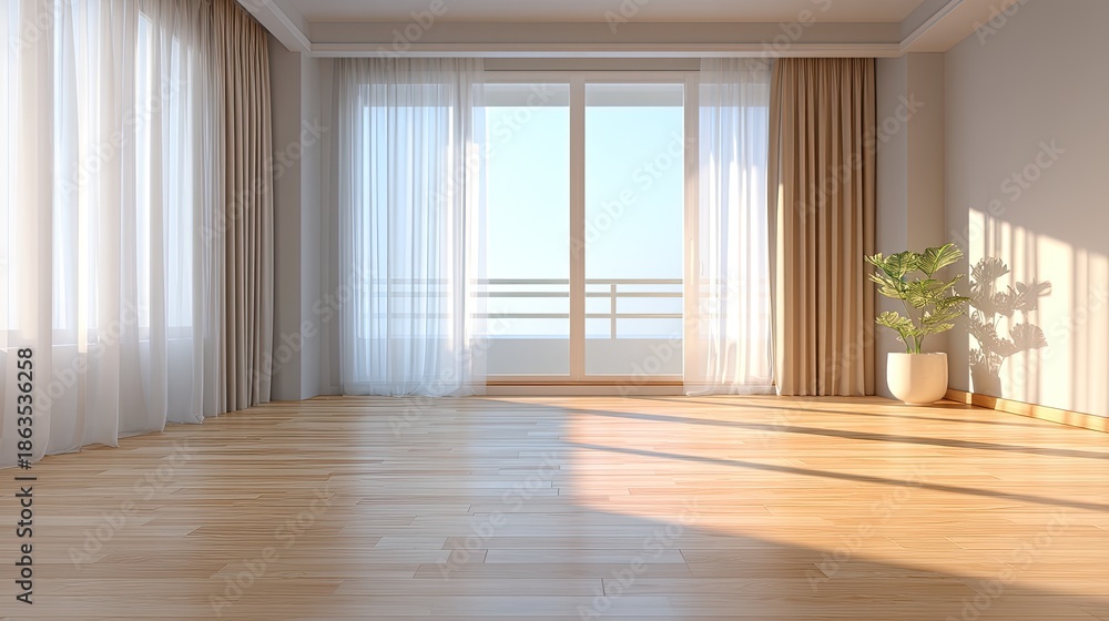 Obraz premium Bright and Airy Modern Room with Light Wood Floor, Floor to Ceiling Windows, and Potted Plant in Minimalist Style for Contemporary Living Spaces