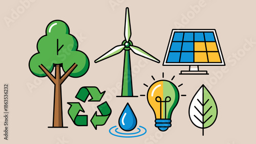 Vibrant illustration of environmental conservation and renewable energy symbols, featuring a tree, wind turbine, and solar panel.