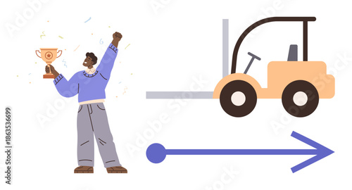 Success, progress, achievement, celebration, logistics, motivation. Person holding a trophy with a raised fist near a forklift and an arrow. Achievement and progress concept