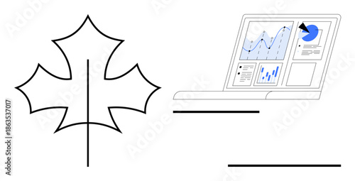 Data analysis, environmental reports, sustainability, business metrics, green technology, research. Maple leaf design beside laptop showing charts. Data analysis and environmental reporting