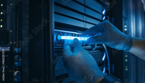 Technician works on server hardware at data center while wearing gloves and using blue light for visibility during late-night shift