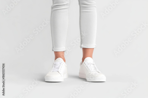 Stylish white sneakers showcased on model in casual setting with sleek white pants