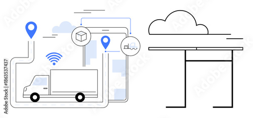 Logistics, supply chain, cloud services, delivery tracking, route optimization, technology solutions. Truck with navigation symbols and cloud element. Logistics and supply chain technology concept