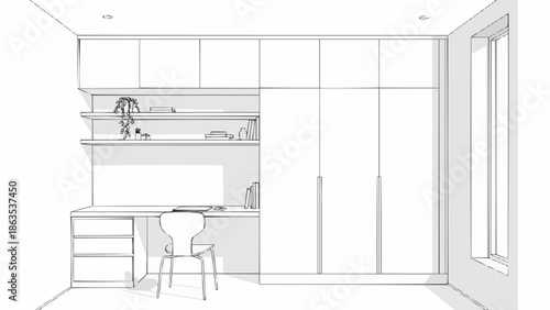 Modern Home Office Design Sketch with Built-in Wardrobe and Desk.