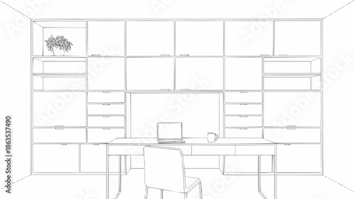 Modern Home Office Design with Built-in Shelving and Desk.