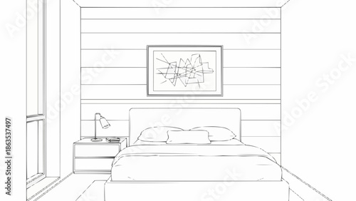 Bedroom interior design sketch with bed nightstand and lamp.