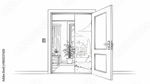 Open Doorway Leading to Bright Room with Plant.