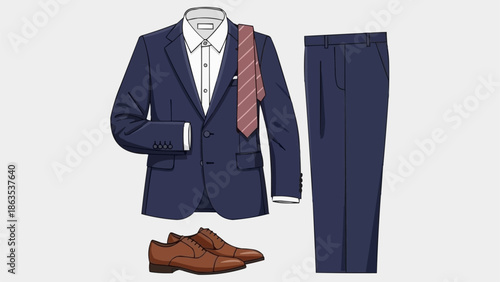 Formal Navy Blue Business Suit Outfit With Tie and Shoes.