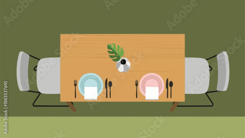 Dining table setting with chairs and plant decoration.