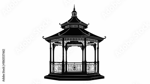 Elegant Black Silhouette of a Victorian Gazebo Structure.