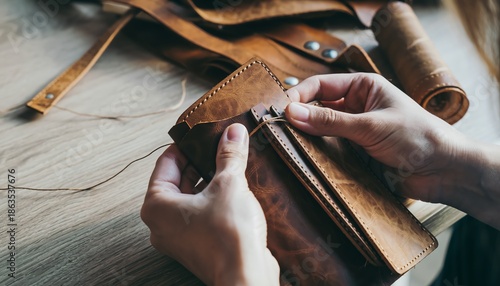 Leather craftsman stitches a wallet with care at a workshop during daytime