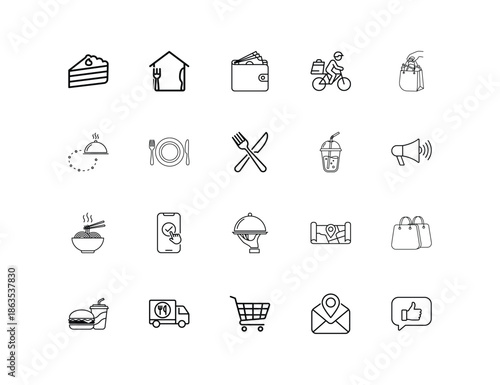 Food delivery icons set including food truck and online ordering