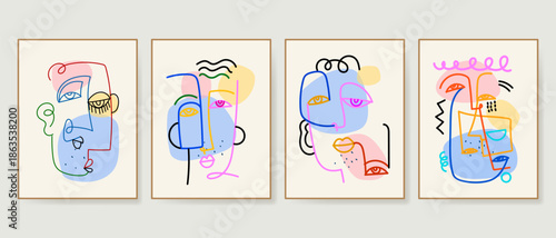 Set of minimalist abstract line art face portrait of people doodle hand drawn vector illustration. Contemporary wall decoration, poster, art print, wallpaper and social media design.