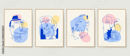Set of minimalist abstract line art face portrait of people doodle hand drawn vector illustration. Contemporary wall decoration, poster, art print, wallpaper and social media design.
