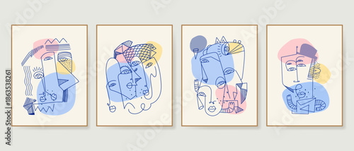 Set of minimalist abstract line art face portrait of people doodle hand drawn vector illustration. Contemporary wall decoration, poster, art print, wallpaper and social media design.