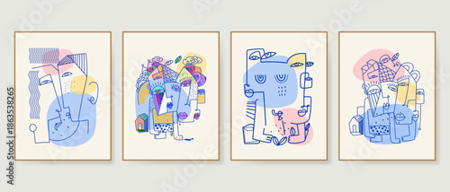 Set of minimalist abstract line art face portrait of people doodle hand drawn vector illustration. Contemporary wall decoration, poster, art print, wallpaper and social media design.
