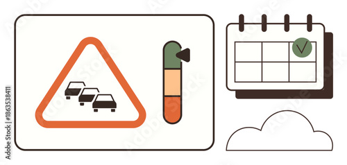 Traffic management, scheduling, planning, deadlines, organization, efficiency. Traffic warning sign, progress indicator calendar with marked date and cloud illustration. Traffic management