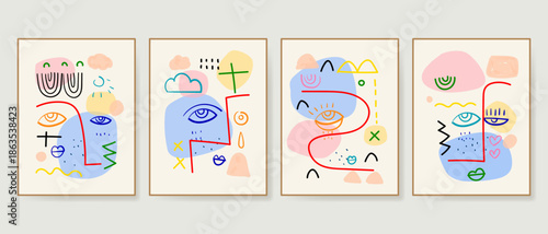 Set of minimalist abstract line art face portrait of people doodle hand drawn vector illustration. Contemporary wall decoration, poster, art print, wallpaper and social media design.