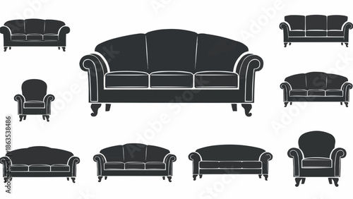 Collection of elegant sofa and armchair silhouettes in black and white.