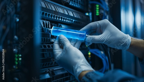 Technician installs a data storage device in a server room during evening hours