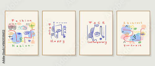 Set of minimalist abstract line art face portrait of people doodle hand drawn vector illustration. Contemporary wall decoration, poster, art print, wallpaper and social media design.