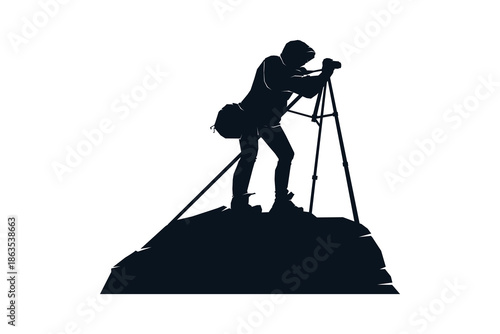 Silhouettes of man taking picture with camera and tripod in wilderness nature, black and white logo vector illustration