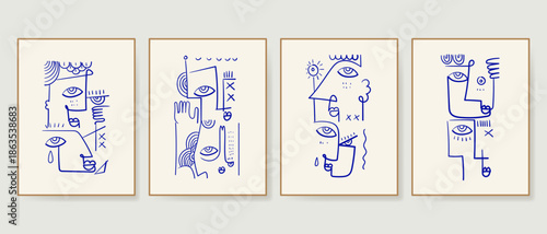 Set of minimalist abstract line art face portrait of people doodle hand drawn vector illustration. Contemporary wall decoration, poster, art print, wallpaper and social media design.