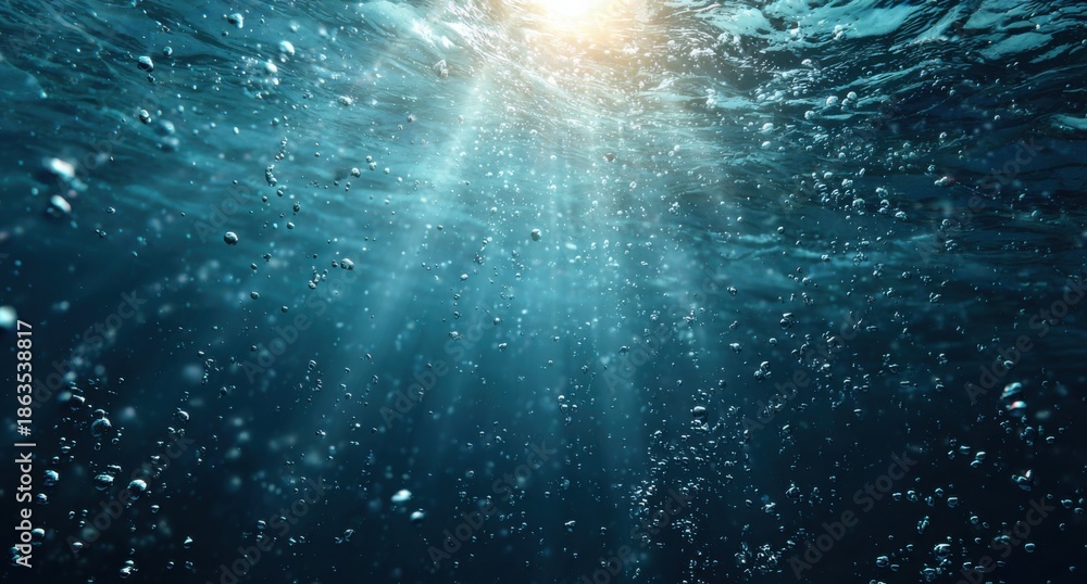 Fototapeta premium Underwater sunbeams illuminating bubbles
