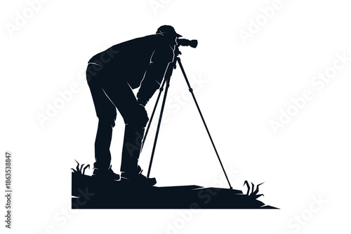 Silhouettes of man taking picture with camera and tripod in wilderness nature, black and white logo vector illustration