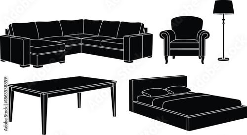 Home furniture silhouette set, sofa armchair bed table lamp, modern living room interior elements, black white flat vector illustration design