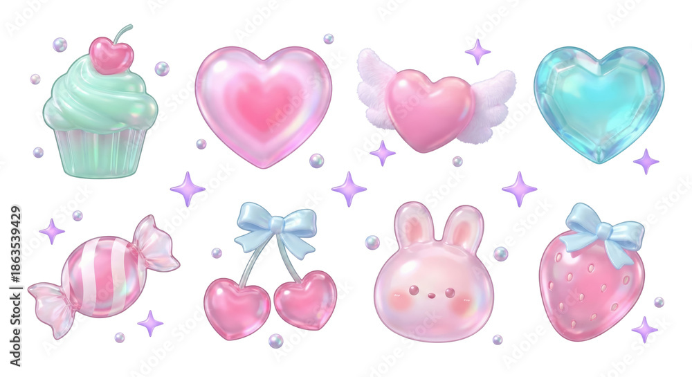 Fototapeta premium Kawaii Cute Icons: Cupcake, Hearts, Bunny, Strawberry, Cherry, Candy, Gem