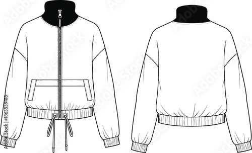 Jacket fashion sketch, high collar, front zipper, drawstring hem, ribbed cuffs, slanted pockets, front back view, cad drawing flat vector illustration