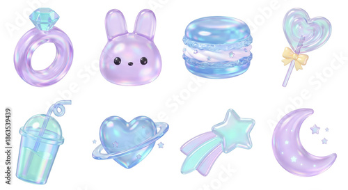 Cute Pastel Kawaii Icons: Ring, Bunny, Macaron, Lollipop, Drink, Heart, Star, Moon