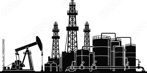 Industrial oil refinery plant and drilling rig silhouette, petroleum extraction factory with storage tanks and pumpjack vector illustration isolated on white background,