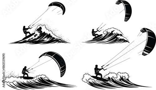Kite surfing silhouette vector set, water sport action, ocean waves, surfboard rider, dynamic motion, black design, outdoor activity, illustration art