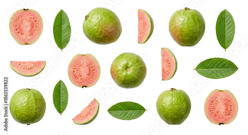 Fresh Guava Fruit Collection - Whole, Sliced, and Leaves on White Background