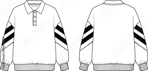 Long sleeve pullover shirt technical sketch, sporty stripe sleeve design, ribbed cuffs hem, collar button placket, fashion cad drawing flat vector illustration
